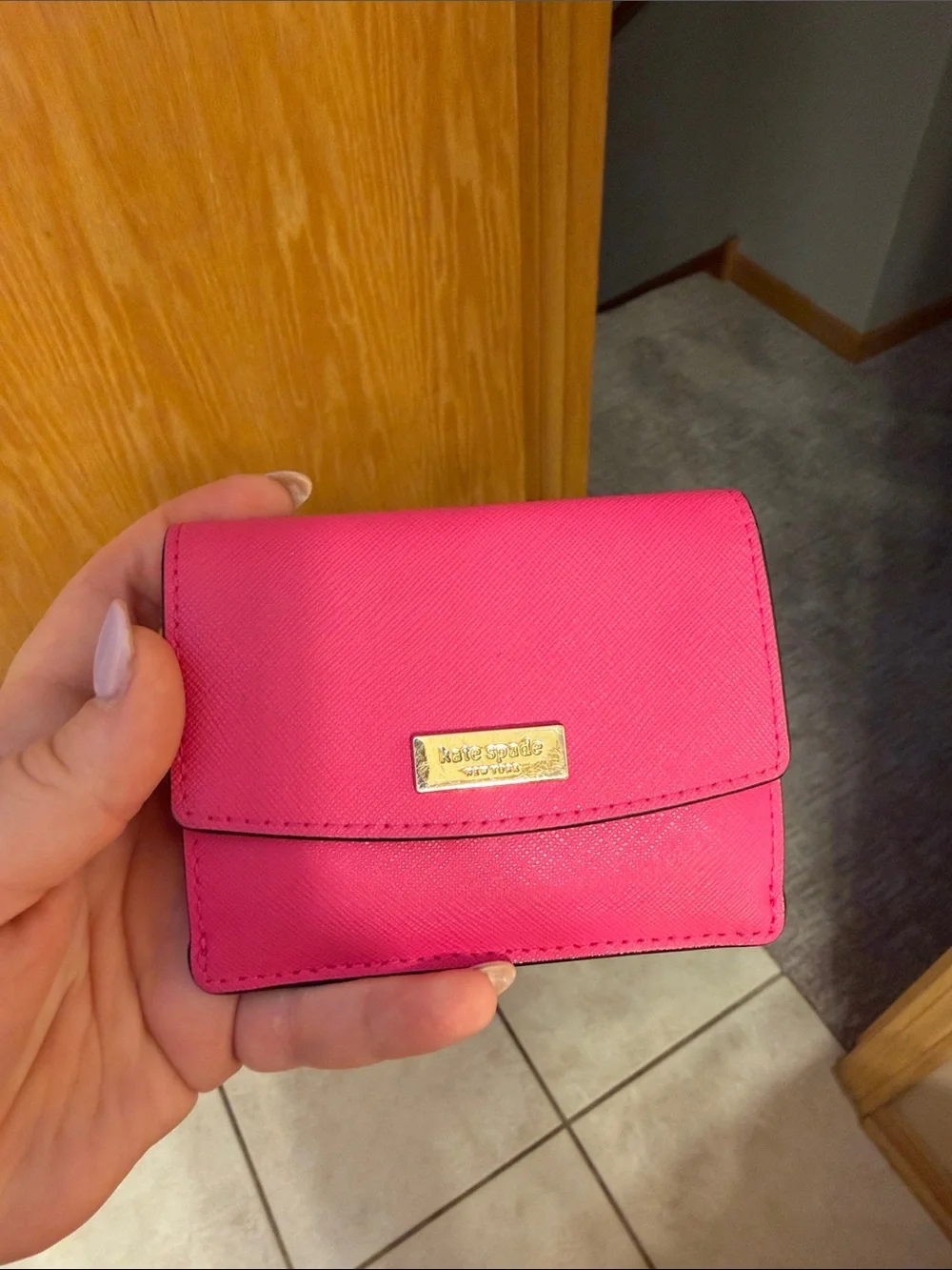 kate spade Bright Pink Saffiano Compact Wallet with Gold Plaque - Picture 1 of 3